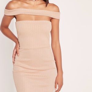 Nude Ribbed Shoulder Bodycon Dress